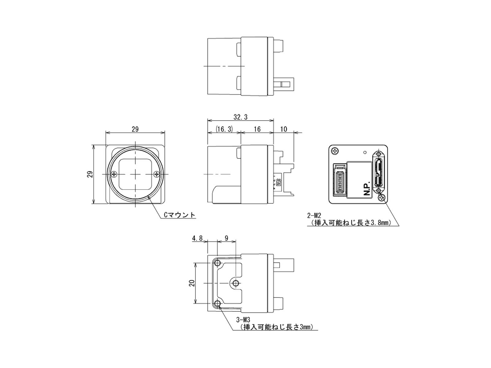 CMOSカメラ（USB3.0出力） BU505MCF寸法図