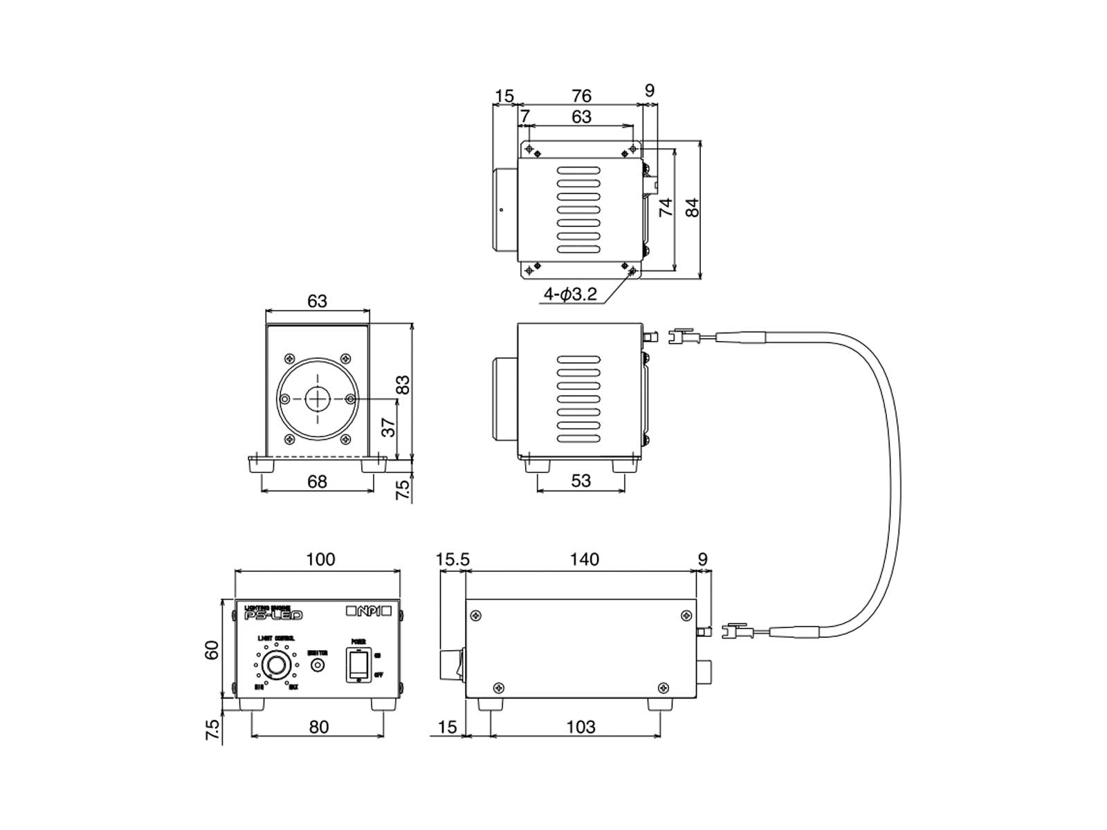 高安定・高輝度LEDファイバー光源装置 PS-LED2+LED-BOX-6570寸法図